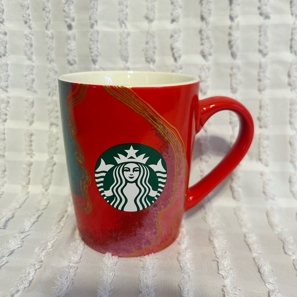 Starbucks 2021 Red Abstract Swirl Ceramic Coffee Mug 10oz Siren Logo Cup